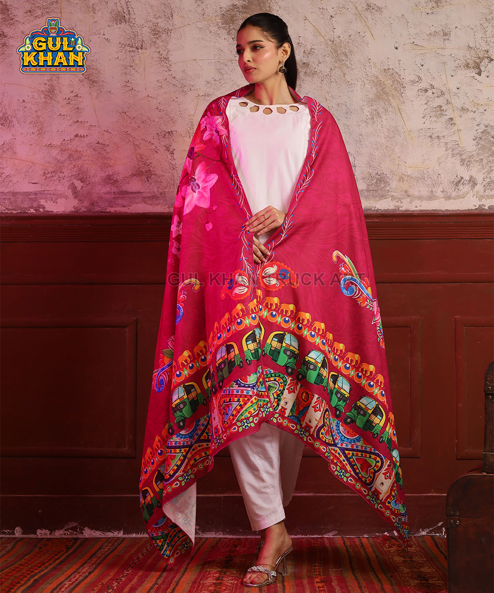 3 (1) Pink Motif Printed Truck Art Shawls - Image 1